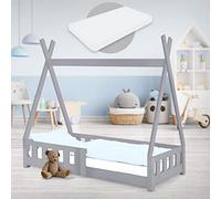 ML-Design Lit Enfant Tipi 70x140 cm Gris Clair avec Matelas à Mousse Froide Polyester, Housse Amovible, Sommier à Lattes, Anti-Chute, Lit Style Indien en Bois de Pin Massif, Protection Contre Chutes