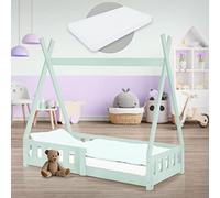 ML-Design Lit Enfant Tipi 70x140 cm Menthe avec Matelas à Mousse Froide Polyester, Housse Amovible, Sommier à Lattes, Anti-Chute, Lit Style Indien en Bois de Pin Massif, Protection Contre Les Chutes