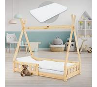 ML-Design Lit Enfant Tipi 70x140 cm Naturel avec Matelas à Mousse Froide Polyester, Housse Amovible, Sommier à Lattes, Anti-Chute, Lit Style Indien en Bois de Pin Massif, Protection Contre Les Chutes