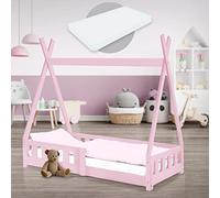 ML-Design Lit Enfant Tipi 70x140 cm Rose avec Matelas à Mousse Froide Polyester, Housse Amovible, Sommier à Lattes, Anti-Chute, Lit Style Indien en Bois de Pin Massif, Protection Contre Les Chutes