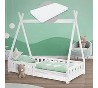 ML-Design Lit Enfant Tipi 80x160 cm Blanc avec Matelas à Mousse Froide Polyester, Housse Amovible, Sommier à Lattes, Anti-Chute, Lit Style Indien en Bois de Pin Massif, Protection Contre Les Chutes