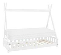 ML-Design Lit Enfant Tipi 80x160 cm Blanc avec Matelas à Mousse Froide Polyester, Housse Amovible, Sommier à Lattes, Anti-Chute, Lit Style Indien en Bois de Pin Massif, Protection Contre Les Chutes