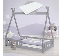 ML-Design Lit Enfant Tipi 80x160 cm Gris Clair avec Matelas à Mousse Froide Polyester, Housse Amovible, Sommier à Lattes, Anti-Chute, Lit Style Indien en Bois de Pin Massif, Protection Contre Chutes