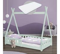 ML-Design Lit Enfant Tipi 80x160 cm Menthe avec Matelas à Mousse Froide Polyester, Housse Amovible, Sommier à Lattes, Anti-Chute, Lit Style Indien en Bois de Pin Massif, Protection Contre Les Chutes