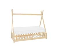 ML-Design Lit Enfant Tipi 80x160 cm Naturel avec Matelas à Mousse Froide Polyester, Housse Amovible, Sommier à Lattes, Anti-Chute, Lit Style Indien en Bois de Pin Massif, Protection Contre Les Chutes