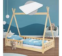 ML-Design Lit Enfant Tipi 80x160 cm Naturel avec Matelas à Mousse Froide Polyester, Housse Amovible, Sommier à Lattes, Anti-Chute, Lit Style Indien en Bois de Pin Massif, Protection Contre Les Chutes
