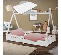 ML-Design Lit Enfant Tipi 90x200 cm Blanc avec Matelas à Mousse Froide Polyester, H:10 cm, Housse Amovible, Sommier à Lattes, Anti-Chute, Lit Style Indien en Bois de Pin, Protection Contre Les Chutes