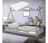 ML-Design Lit Enfant Tipi 90x200 cm Gris Clair avec Matelas à Mousse Froide Polyester, H:10 cm, Housse Amovible, Sommier à Lattes, Anti-Chute, Lit Style Indien Bois de Pin, Protection Contre Chutes