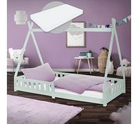ML-Design Lit Enfant Tipi 90x200 cm Menthe avec Matelas à Mousse Froide, H:16 cm, Housse Amovible, Sommier à Lattes, Anti-Chute, Lit Style Indien en Bois de Pin Massif, Protection Contre Les Chutes
