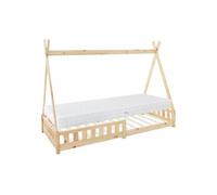 ML-Design Lit Enfant Tipi 90x200 cm Naturel avec Matelas à Mousse Froide, H:16cm, Housse Amovible, Sommier à Lattes, Anti-Chute, Lit Style Indien en Bois de Pin Massif, Protection Contre Les Chutes