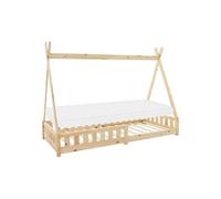 ML-Design Lit Enfant Tipi 90x200 cm Naturel avec Matelas à Mousse Froide Polyester, H:10 cm, Housse Amovible, Sommier à Lattes, Anti-Chute, Lit en Style Indien en Bois de Pin, Protection Anti-Chutes