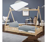 ML-Design Lit Enfant Tipi 90x200 cm Naturel avec Matelas à Mousse Froide Polyester, H:10 cm, Housse Amovible, Sommier à Lattes, Anti-Chute, Lit en Style Indien en Bois de Pin, Protection Anti-Chutes