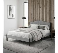 ML-Design Lit Rembourré 140x200 cm, Cadre de Lit Double avec Sommier à Lattes et Têtière, Capitonné en Tissu de Lin Gris, Structure Stable en Acier, Mobilier pour Chambre à Coucher, Montage Simple