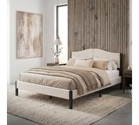 ML-Design Lit Rembourré 140x200 cm, Cadre de Lit Double avec Sommier à Lattes et Têtière, Capitonné en Tissu de Lin Beige, Structure Stable en Acier, Mobilier pour Chambre à Coucher, Montage Simple
