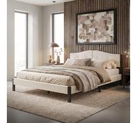 ML-Design Lit Rembourré 160x200 cm, Cadre de Lit Double avec Sommier à Lattes et Têtière, Capitonné en Tissu de Lin Beige, Structure Stable en Acier, Mobilier pour Chambre à Coucher, Montage Simple