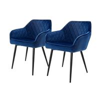 ML-Design Lot 2x Chaises de Salle à Manger - Bleu Foncé - Style Rétro - Dossier/Accoudoirs Rembourrée Aspect Velours - Pieds en Métal Noir - Chaise Ergonomique - Fauteuil Moderne Salon/Chambre/Cuisine
