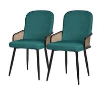 ML-Design Lot de 2 Chaises de Salle à Manger en Tissu Bleu Pétrole, Accoudoirs en Rotin et Pieds en Métal Noir, Assise Rembourrée Confortable, Fauteuils Ergonomiques de Cuisine Salon, Style Scandinave