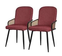ML-Design Lot de 2 Chaises de Salle à Manger en Tissu Rouge, Accoudoirs en Rotin et Pieds en Métal Noir, Assise Rembourrée Confortable, Fauteuils Ergonomiques de Cuisine ou Salon, Style Scandinave