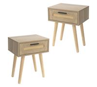 ML-Design Lot de 2 Tables de Chevet avec 1 Tiroir, 40x50,5x30 cm, Aspect Chêne, Table de Nuit Rustique avec Façade en Rotin et Pieds en Bois, Table d'Appoint Basse pour Lit, Chambre à Coucher, Salon