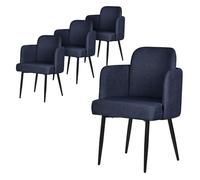 ML-Design Lot de 4 Chaises de Salle à Manger en Tissu Bleu Foncé, avec Accoudoirs et Dossier Aspect Rotin, Pieds en Métal, Assise Rembourrée Confortable, Fauteuils Ergonomiques de Salon Bureau Cuisine