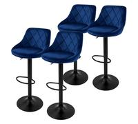 ML-Design Lot de 4 Tabourets de Bar en Velours, Bleu, Chaise Rembourrée avec Dossier et Repose-Pieds, Réglable en Hauteur 62-82 cm, Pivotante à 360°, Tabouret de Comptoir, Cuisine, Bar de Maison