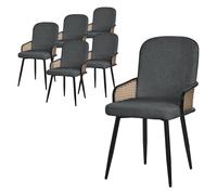 ML-Design Lot de 6 Chaises de Salle à Manger en Tissu Anthracite, Accoudoirs en Rotin et Pieds en Métal Noir, Assise Rembourrée Confortable, Fauteuils Ergonomiques de Cuisine Salon, Style Scandinave