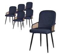 ML-Design Lot de 6 Chaises de Salle à Manger en Tissu Bleu Foncé, Accoudoirs en Rotin et Pieds en Métal Noir, Assise Rembourrée Confortable, Fauteuils Ergonomiques de Cuisine Salon, Style Scandinave
