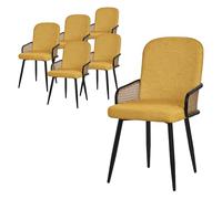 ML-Design Lot de 6 Chaises de Salle à Manger en Tissu Moutarde, Accoudoirs en Rotin et Pieds en Métal Noir, Assise Rembourrée Confortable, Fauteuils Ergonomiques de Cuisine ou Salon, Style Scandinave