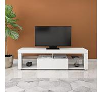 ML-Design Meuble Bas TV, Blanc, 140x51x35 cm, Panneau de Particules MDF Finition Mélaminée, Compartiments Fermés et Ouverts, Robuste, Design Minimaliste, Buffet Banc Télévision, Matériel de Montage