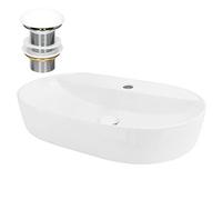 ML DESIGN modern living Lavabo en Céramique Blanc 60x40x12 Ovale Garniture de Vidage 1 1/4" Vasque à Poser Moderne Élégant pour Salle de Bain/WC d'Invités