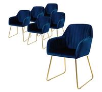 ML-Design Set de 6 Chaises de Salle à Manger, Bleu, Assise Rembourrée en Velours, Pieds Dorés en Métal, avec Dossier et Accoudoirs Ergonomiques, Fauteuil Moderne de Salon Bureau Chambre Cuisine