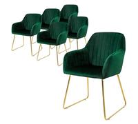ML-Design Set de 6 Chaises de Salle à Manger, Vert, Assise Rembourrée en Velours, Pieds Dorés en Métal, avec Dossier et Accoudoirs Ergonomiques, Fauteuil Moderne de Salon Bureau Chambre Cuisine