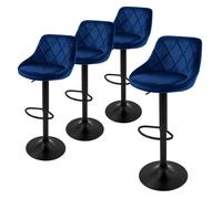 ML-Design Tabouret de bar, set de 4, revêtement en velours, bleu, avec dossier et repose-pieds, hauteur 62-82 cm