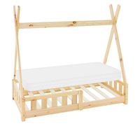 ML-Design Lit Enfant Tipi 70x140 cm Naturel avec Matelas à Mousse Froide Polyester, Housse Amovible, Sommier à Lattes, Anti-Chute, Lit Style Indien en Bois de Pin Massif, Protection Contre Les Chutes
