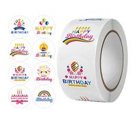 Mllepjdh Lot de 500 autocollants ronds « Happy Birthday », multicolore, papier/carton, papier ou vinyle, personnalisé, dessin animé, rouleau, impression de lettres, rond, 500 pièces, autocollants