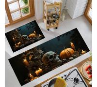 MLSOWM Lot de 2 Tapis de Cuisine Thème d'halloween Antidérapant, Lavable | Tapis de Cuisine Crânes Et Citrouilles pour Cuisine, buanderie, Chambre à Coucher, 43x75cm+43x150cm