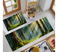 MLSOWM Mousses Grands Arbres Fougères Tapis de Cuisine, 2 Pièces Antidérapants et Lavables Tapis de Sol Lumière Ombre Forêt Tapis de Passage pour Couloir, Evier, 45x75cm+45x150cm Vert Mousse