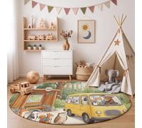 MLSOWM Tapis Chambre Enfant Rond Fox Bus - Antidérapant, Doux à Poils Courts Style Conte De Fées De La Forêt Moquette Décoration pour la Chambre, Salle de Jeux, Vert