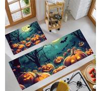 MLSOWM Tapis Cuisine Devant Evier Forêt d'halloween, 40x60cm+40x120cm | Absorbant Huile et Eau, Tapis de Cuisine Groupe De Citrouilles Bizarres, Antidérapant, Résistant Tache, Facile à Nettoyer, Vert