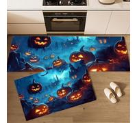 MLSOWM Tapis Cuisine Devant Evier Nuit d'halloween, 40x60cm+40x120cm | Tapis de Cuisine Forêt Sombre Essaim Chauves-Souris, Antidérapant, Résistant Tache, Facile à Nettoyer, Bleu-Vert