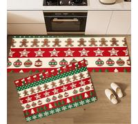 MLSOWM Tapis Cuisine Devant Evier Rayures De Noël, 50x80cm+50x150cm | Tapis de Cuisine Chaussettes Noël Bonhommes Pain D'Épice, Antidérapant, Résistant Tache, Facile à Nettoyer, Vert