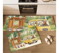 MLSOWM Tapis de Cuisine Style Conte De Fées De La Forêt Antidérapant, 40x60cm+40x120cm Tapis de Cuisine Devant Evier Fox Bus, Anti-salissures pour Buanderie, Entrée, Couloir, Vert