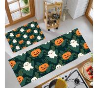 MLSOWM Tapis de Cuisine Style Mignon Et Apaisant Antidérapant, 40x60cm+40x120cm Tapis de Cuisine Devant Evier Fantôme Mignon, Citrouille, Anti-salissures pour Buanderie, Entrée, Couloir, Vert Forêt