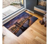MLSOWM Tapis de Porte d'Entrée 60 x 120 cm Paillasson à Profil Bas Pont De Brooklyn Moquette Antidérapant Lavable Vue Nocturne De La Ville Tapis de Sol pour Entrée, Couloir, Chambre, Bleu-Violet