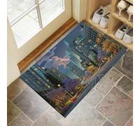 MLSOWM Tapis d'entrée Intérieur Ultra-Fin, 60 x 120 cm Scène Rue Urbaine Tapis de Sol Antidérapant Lavable Gratte-Ciel Ville Rêve Paillasson Absorbe l'eau pour Porte, Cuisine et Couloir, Vert