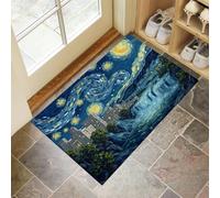 MLSOWM Tapis d'entrée Intérieur Ultra-Fin, 60 x 90 cm Ville Cascade Étoilée Tapis de Sol Antidérapant Lavable Peinture À l'huile Nuit Étoilée Paillasson Absorbe l'eau pour Porte, Cuisine et Couloir