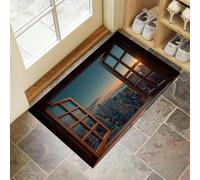 MLSOWM Tapis d'Entrée Intérieur, Ville Gratte-Ciel Tapis de Porte Antidérapant Vue Urbaine Crépuscule Fenêtre Paillasson Super Absorbant pour Entrée, Salle de Bain et Couloir, 80 x 120 cm, Brun Foncé