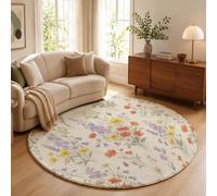 MLSOWM Tapis Salon Rond Jardin Rétro Français 160cm, Tapis à Poils Ras Lupin, Chardon Bleu, Pavot Moquette Ronds Antidérapant et Lavable en Machine pour Chambre Descente de Lit, Violet Clair