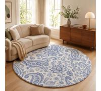 MLSOWM Tapis Salon Rond Rétro Américain 200cm, Tapis à Poils Ras Vigne Cachemire De Noix De Cajou Moquette Ronds Antidérapant et Lavable en Machine pour Chambre Descente de Lit, Bleu Clair