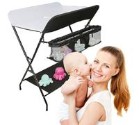 MLYIQI Tables à Langer Pliante,Table à Langer avec Aoulettes Panier de Rangement,Ceinture de Sécurité,4 Roues avec Frein,Réglable en Hauteur,Charge Max 25kg
